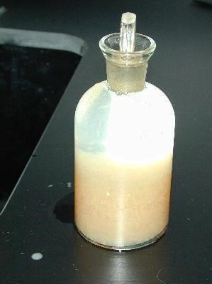 Chemical reaction, beaker with opaque solution, experimental result in chemistry lab.