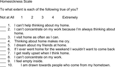 Homesickness scale survey assessing emotional response, questionnaire evaluating longing for home.