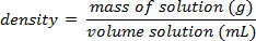 Density formula; mass/volume; equation; related to solution concentration, chemistry study.