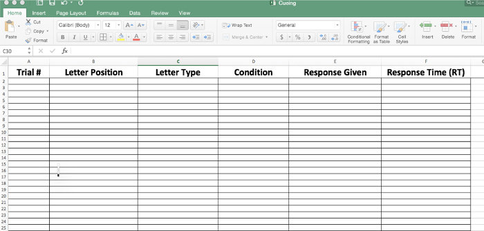 Cognitive experiment data sheet in Excel; tracks trial conditions, responses, and response times.