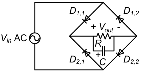 AC to DC conversion, bridge rectifier circuit diagram, diode configuration, electrical engineering.