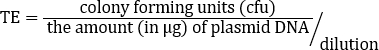 Transfection efficiency equation: TE=cfu/(DNA amount/μg) per dilution.