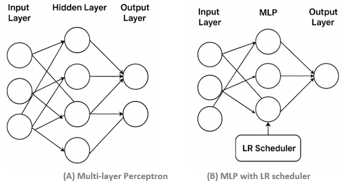 figure-protocol-4 Multi-layer Perceptron diagrams; neural network architecture; shows layers and LR scheduler concept.