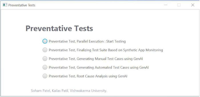 Preventative test interface diagram with options for test types, highlighting parallel execution.