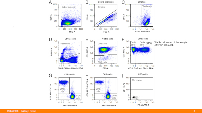 Flow cytometry analysis with scatter plots for cell viability and CAR T-cell identification.
