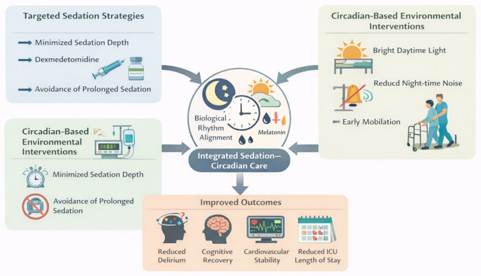 figure-protocol-2 Integrated sedation-circadian care diagram; strategies, interventions; outcomes: reduced delirium, ICU stay.